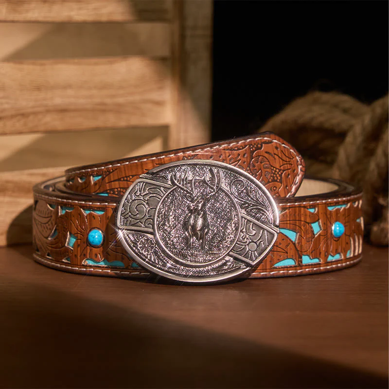 Men's DIY Forest Deer Hidden Folding Knife Leather Belt - Image 7