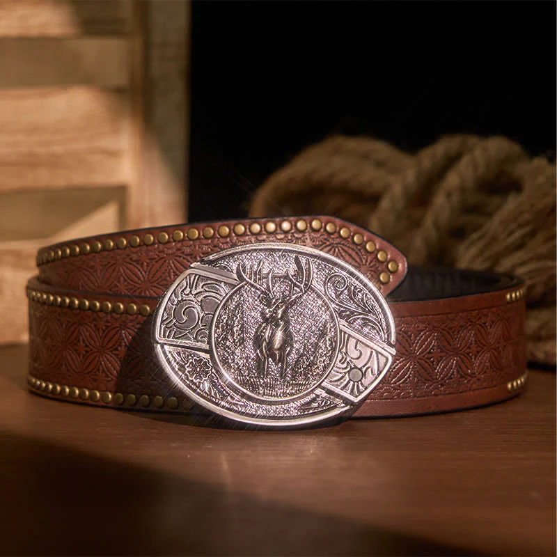 Men's DIY Forest Deer Hidden Folding Knife Leather Belt - Image 9
