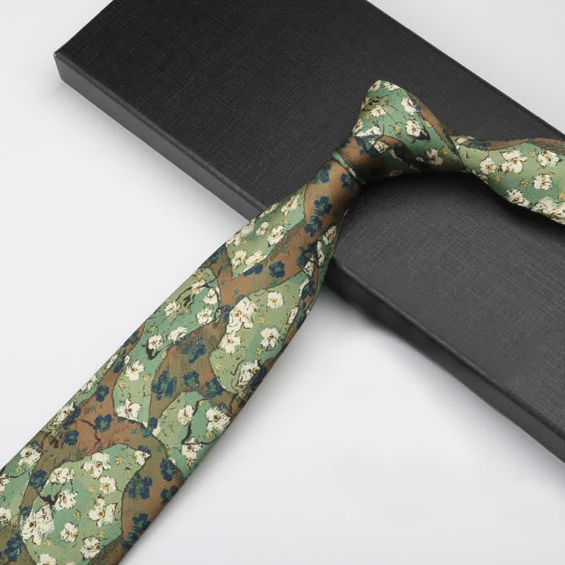 Men's Forest Green Little White Flowers Necktie - Image 4