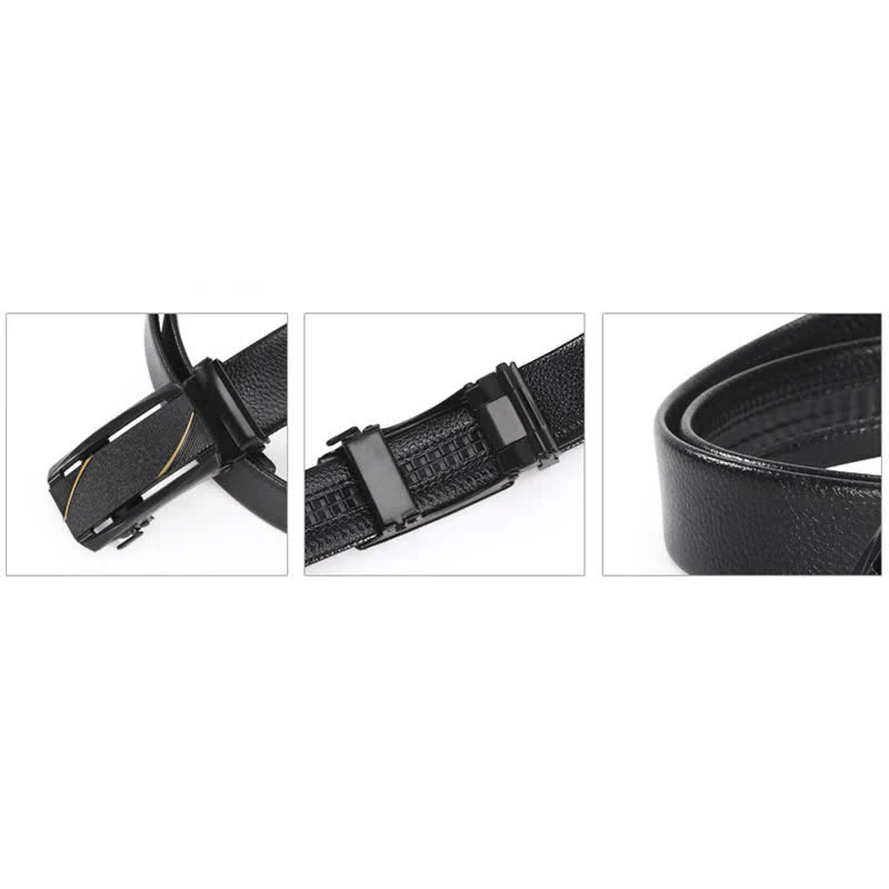 Men's Full Black Gold Line Automatic Buckle Leather Belt - Image 5