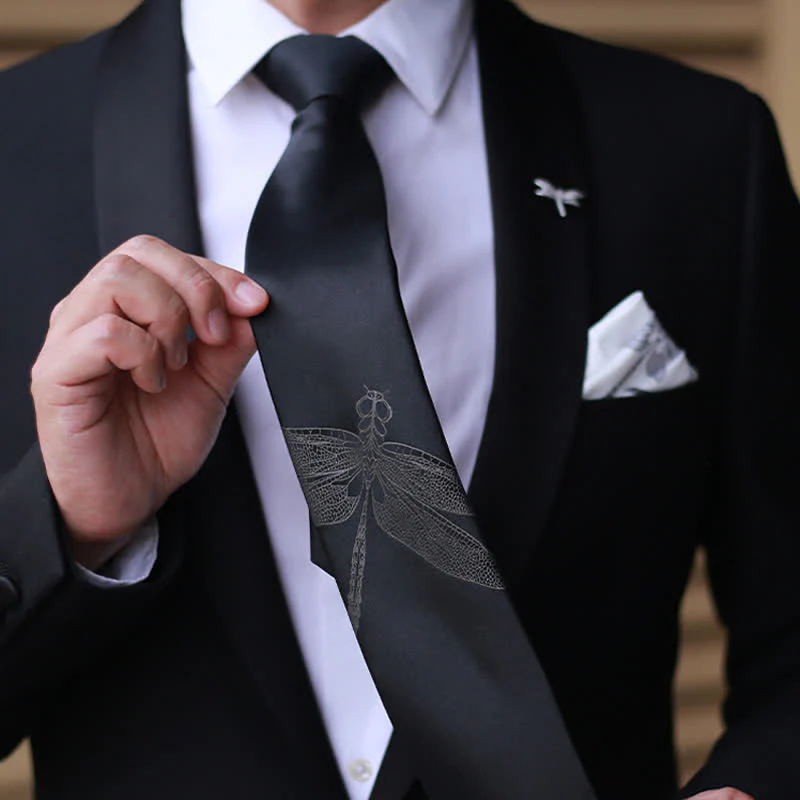 Men's Gentleman Dragonfly Pattern Black Necktie - Image 3