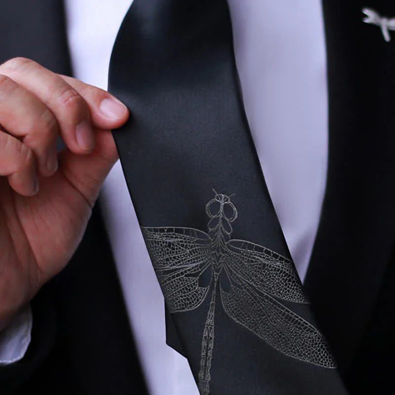 Men's Gentleman Dragonfly Pattern Black Necktie - Image 4