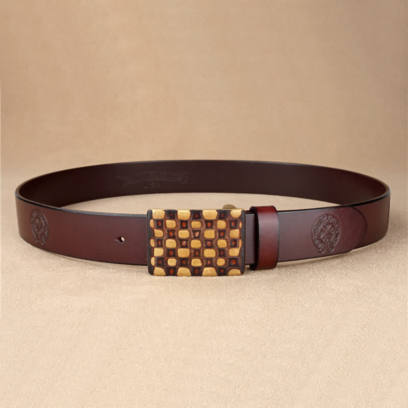 Men's Geometric Checkered Style Leather Belt - Image 11
