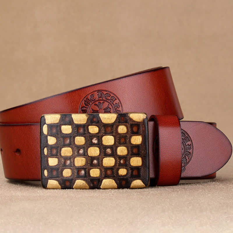Men's Geometric Checkered Style Leather Belt - Image 12