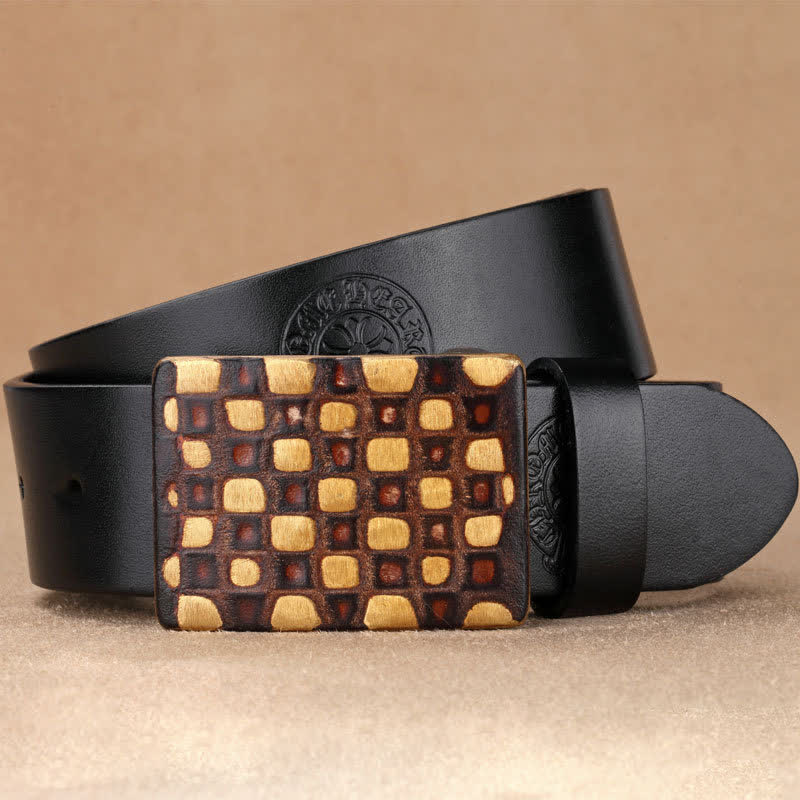 Men's Geometric Checkered Style Leather Belt - Image 13