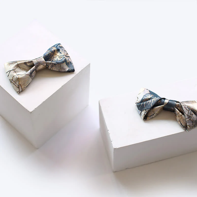 Men's Glittering Gold & Blue Floral Bow Tie - Image 4
