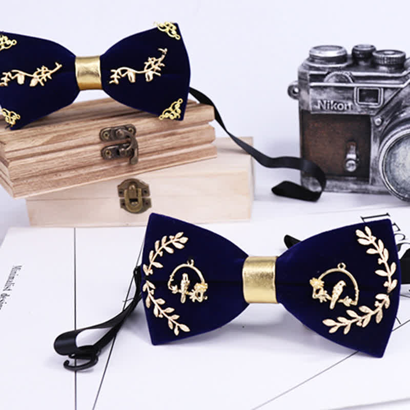 Men's Gold Applique Metal Leaf Decoration Bow Tie - Image 2