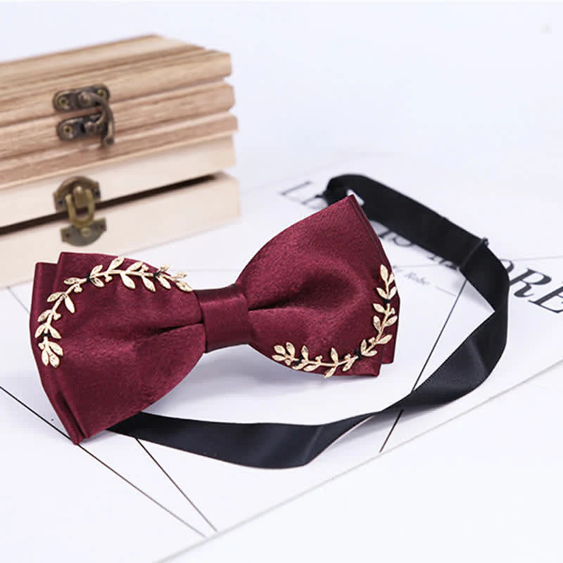 Men's Gold Applique Metal Leaf Decoration Bow Tie - Image 6