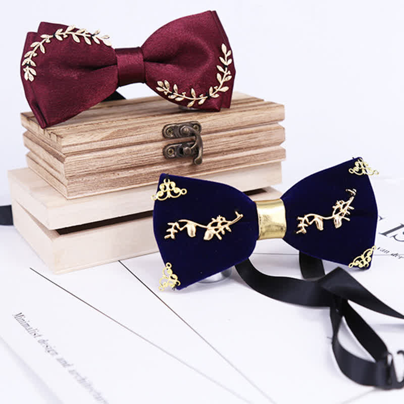 Men's Gold Applique Metal Leaf Decoration Bow Tie - Image 7