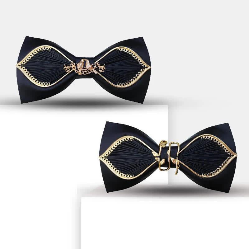 Men's Gold Bird Leaves Floral Pattern Wedding Bow Tie - Image 10