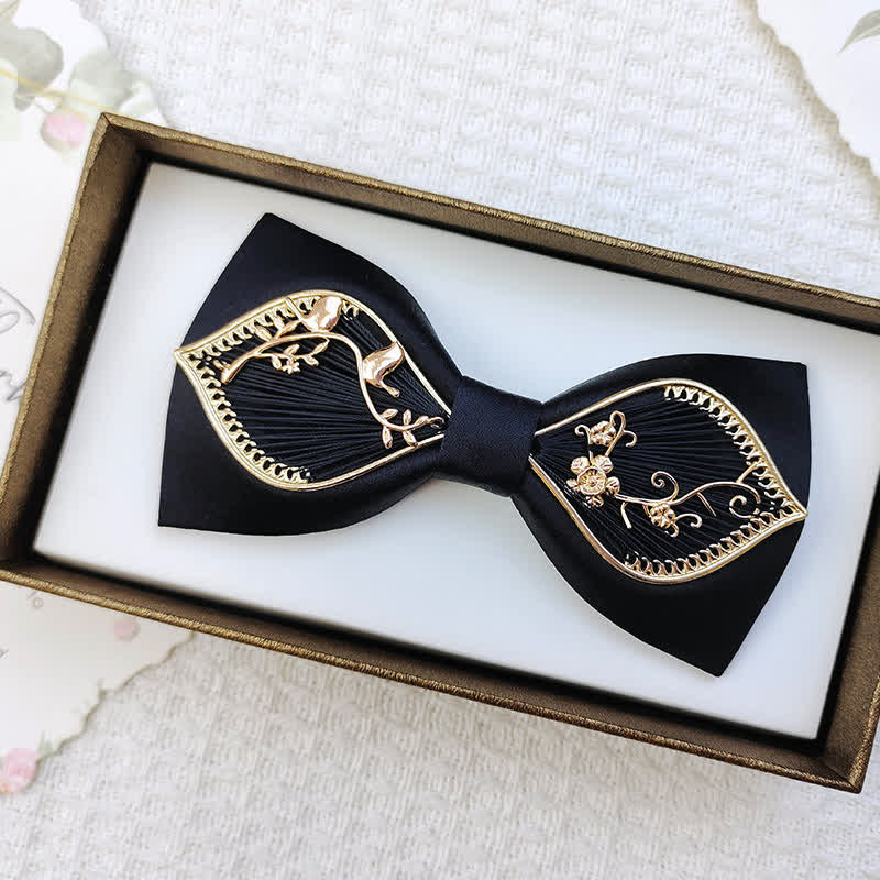 Men's Gold Bird Leaves Floral Pattern Wedding Bow Tie - Image 11