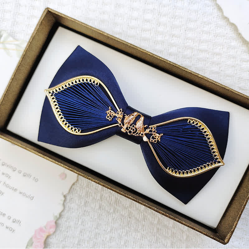 Men's Gold Bird Leaves Floral Pattern Wedding Bow Tie - Image 6