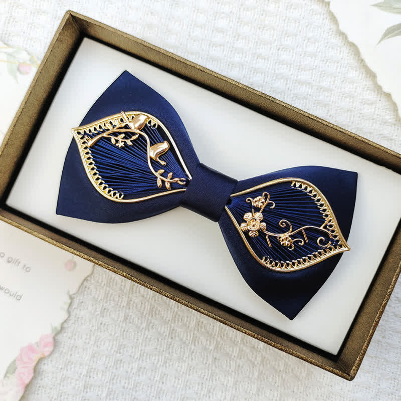 Men's Gold Bird Leaves Floral Pattern Wedding Bow Tie - Image 8