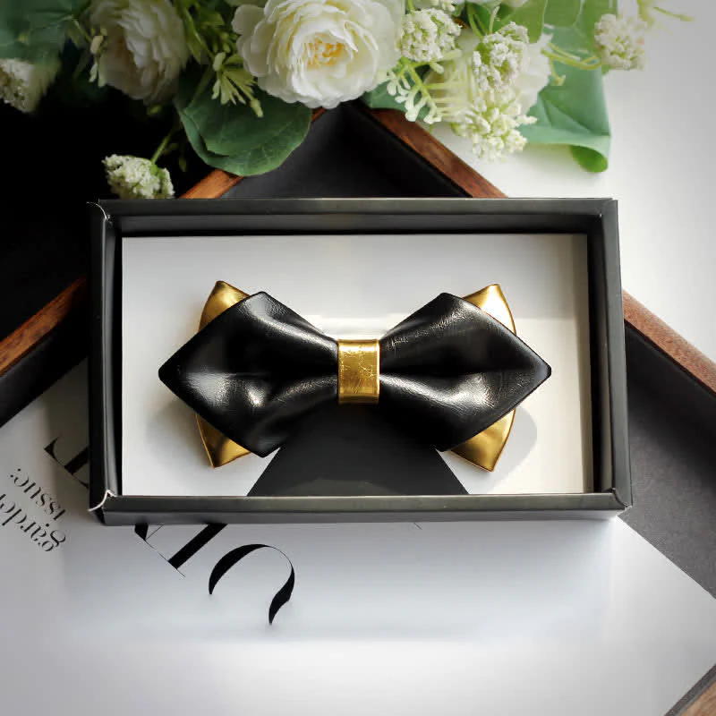 Men's Gold & Black Double Layers Leather Bow Tie - Image 10