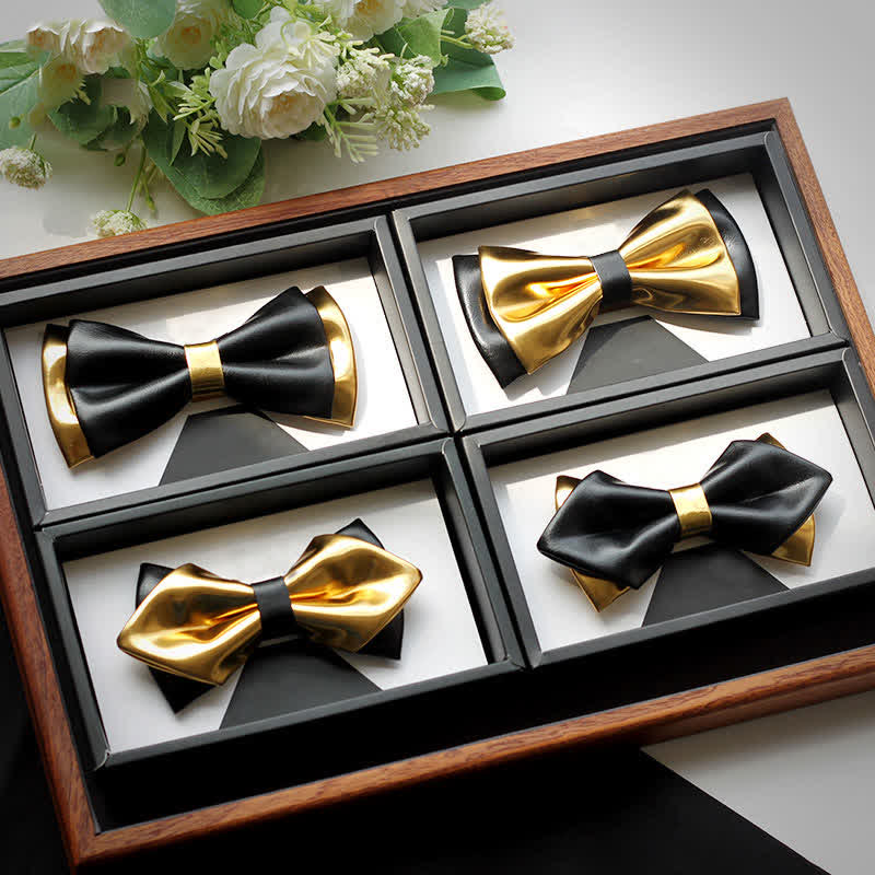 Men's Gold & Black Double Layers Leather Bow Tie - Image 2