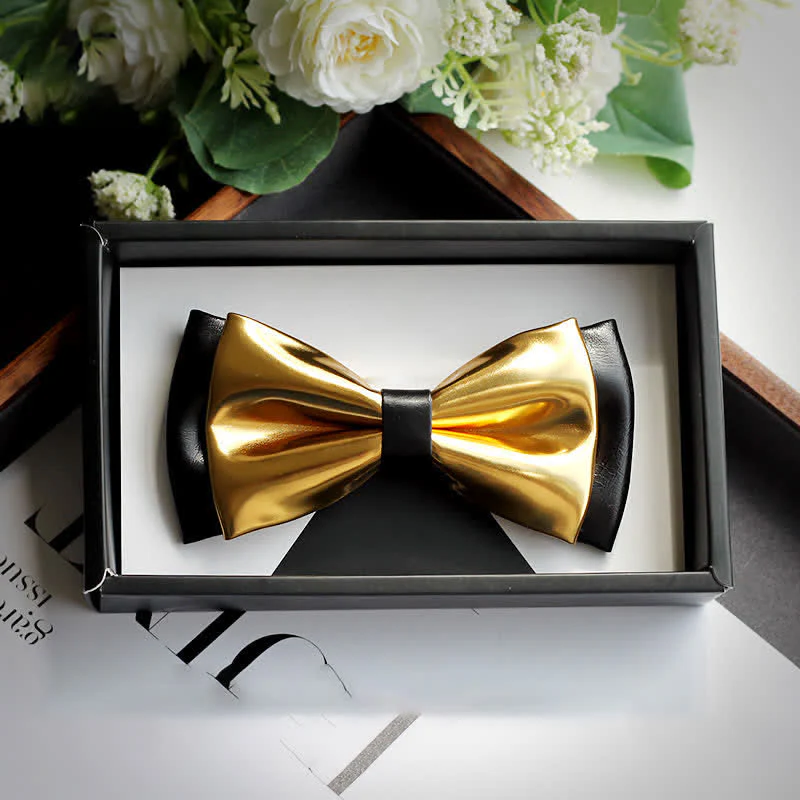Men's Gold & Black Double Layers Leather Bow Tie - Image 3