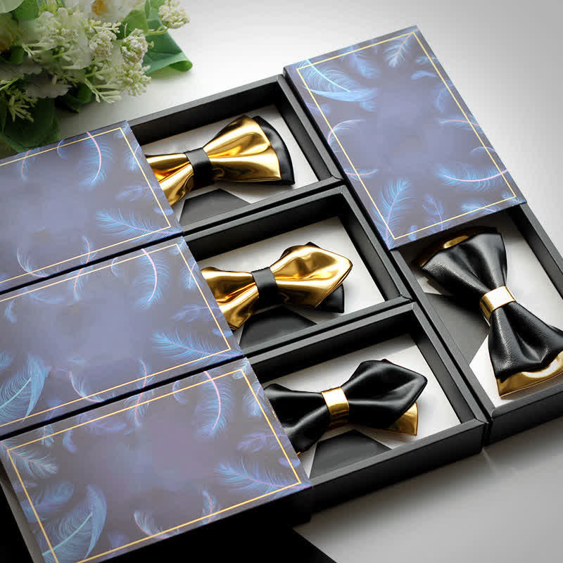 Men's Gold & Black Double Layers Leather Bow Tie - Image 4