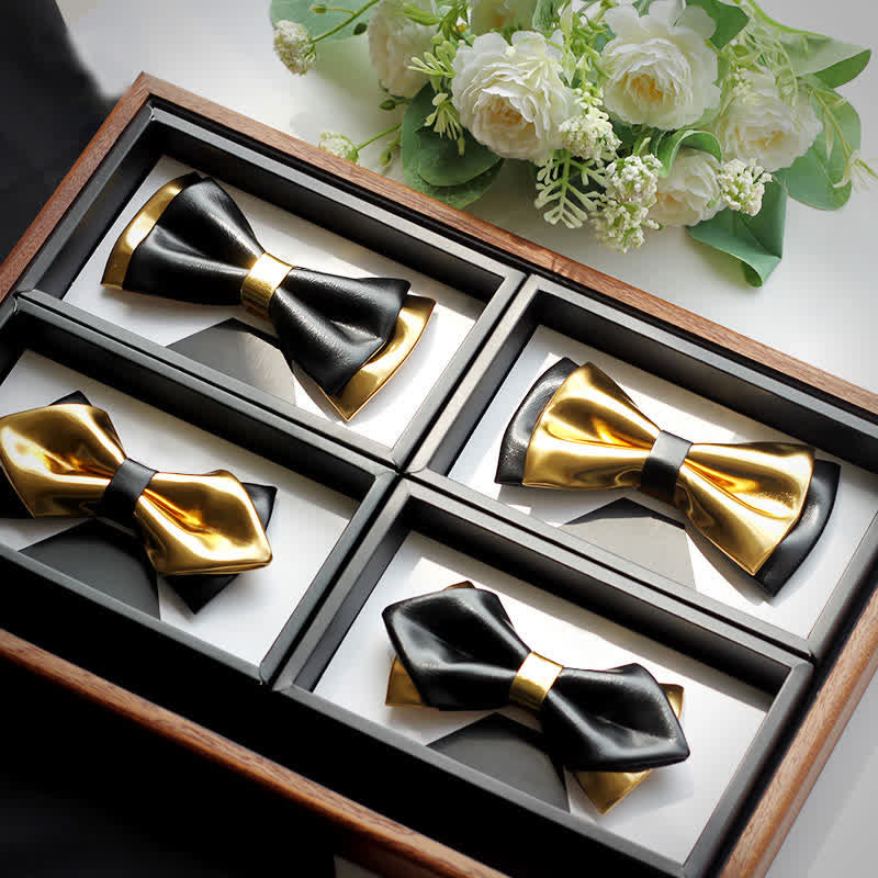 Men's Gold & Black Double Layers Leather Bow Tie - Image 5