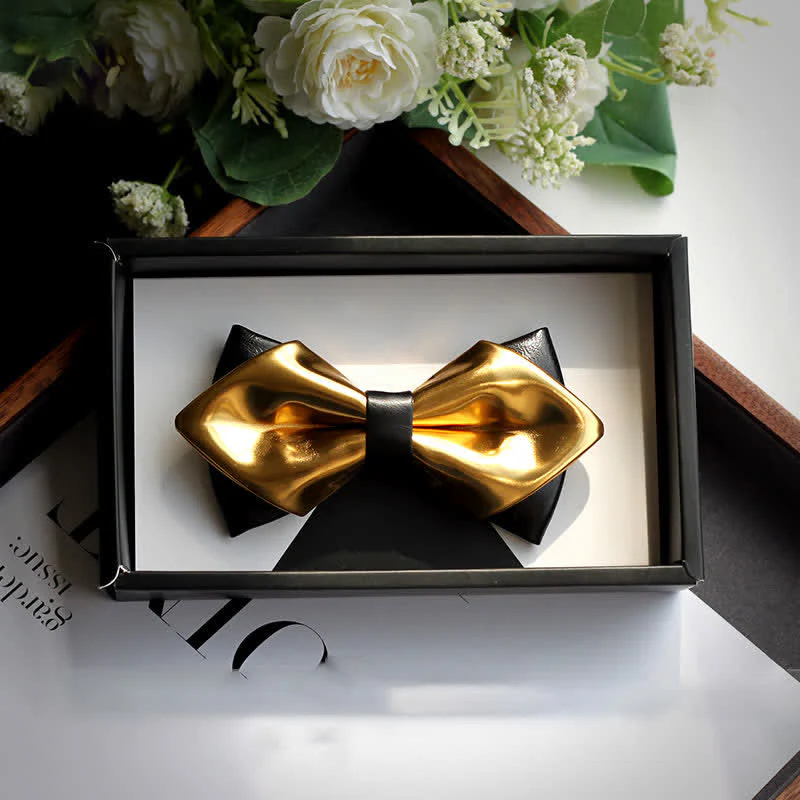 Men's Gold & Black Double Layers Leather Bow Tie - Image 6