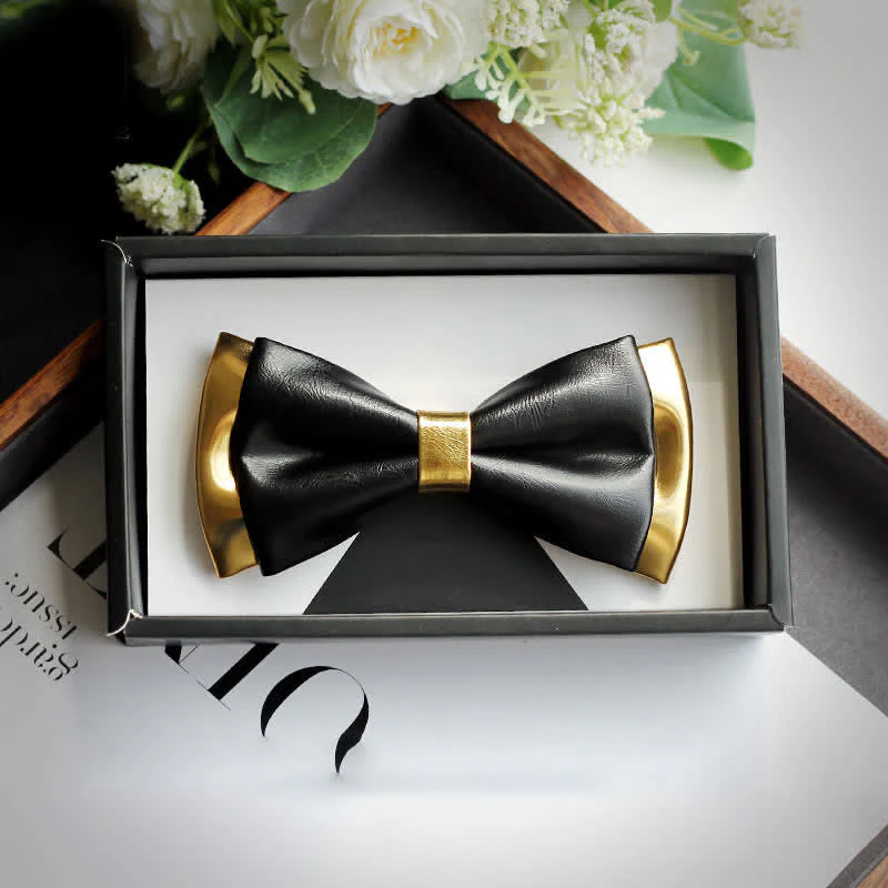 Men's Gold & Black Double Layers Leather Bow Tie - Image 7