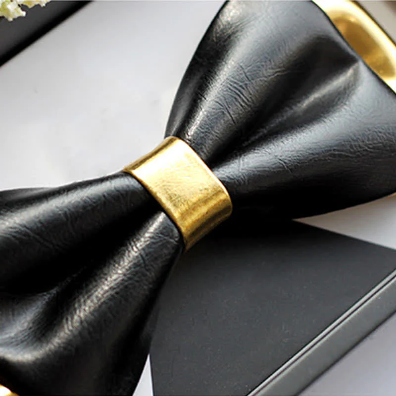 Men's Gold & Black Double Layers Leather Bow Tie - Image 8