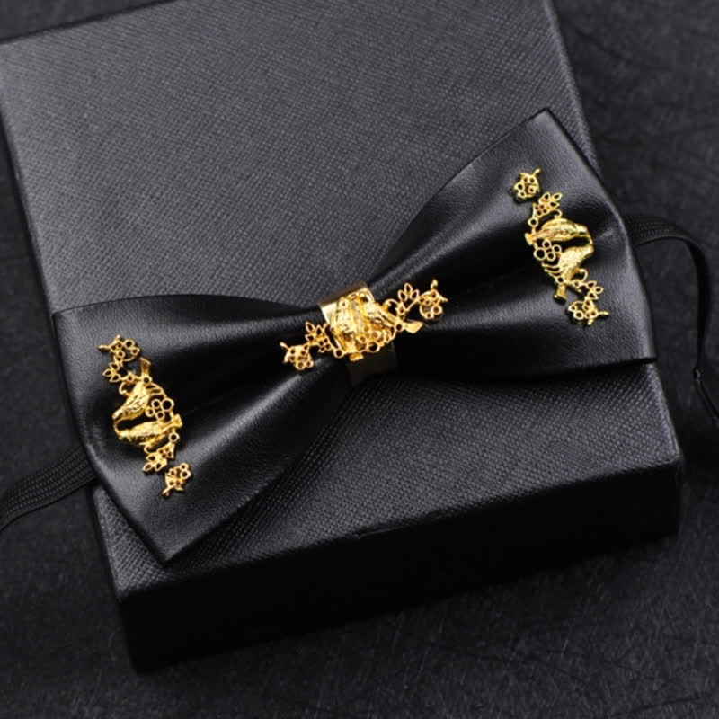 Men's Gold Metal Flower Accent Black PU Leather Bow Tie - Image 10