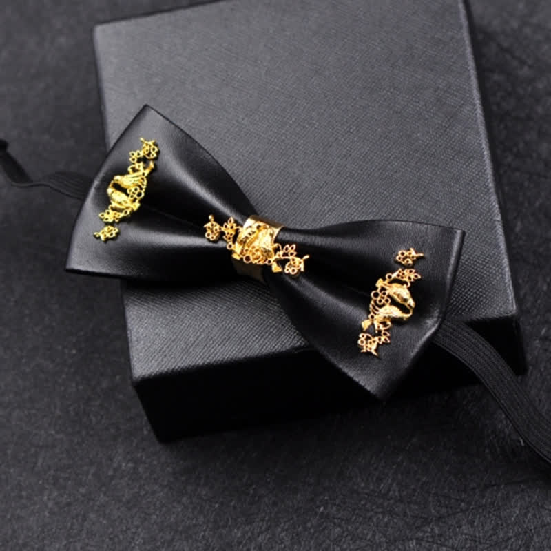 Men's Gold Metal Flower Accent Black PU Leather Bow Tie - Image 11