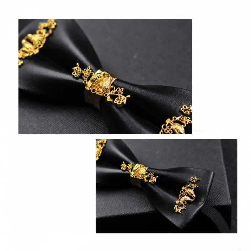Men's Gold Metal Flower Accent Black PU Leather Bow Tie - Image 12