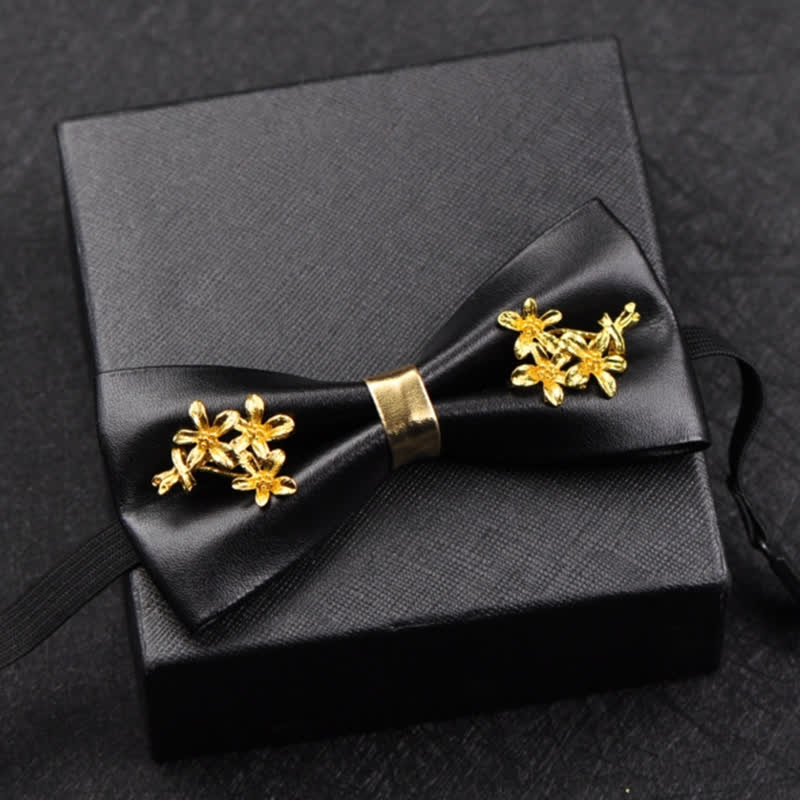Men's Gold Metal Flower Accent Black PU Leather Bow Tie - Image 14