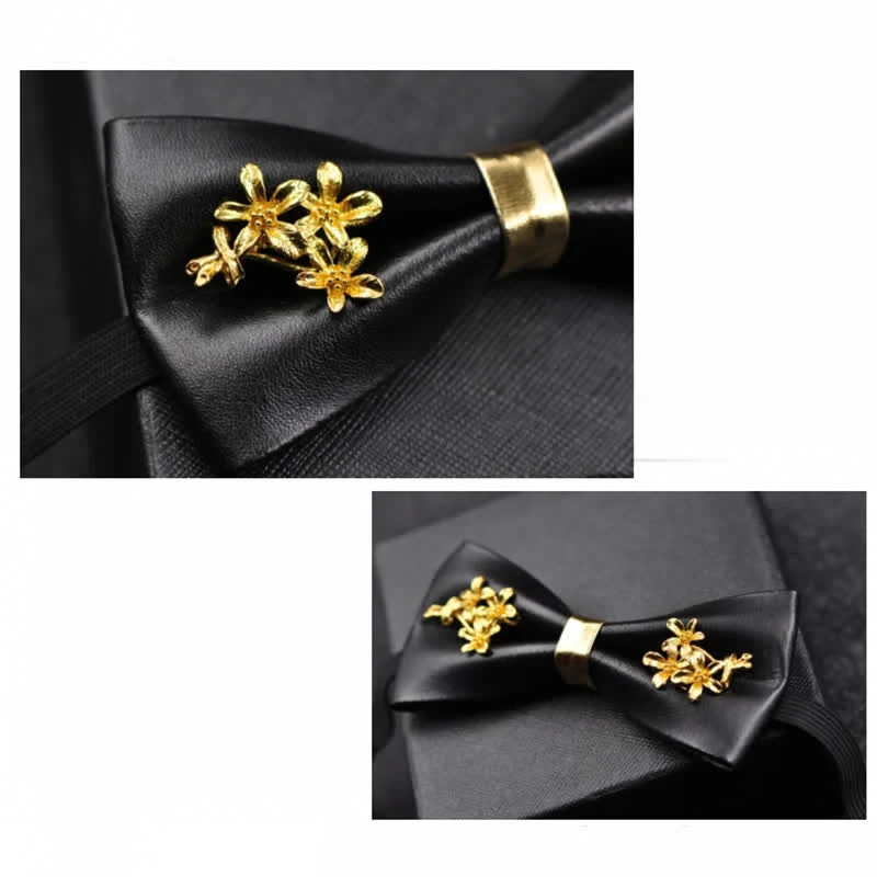 Men's Gold Metal Flower Accent Black PU Leather Bow Tie - Image 16