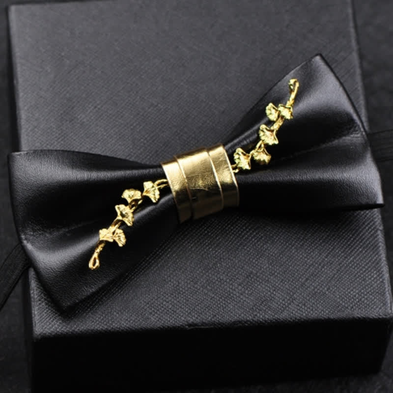 Men's Gold Metal Flower Accent Black PU Leather Bow Tie - Image 6