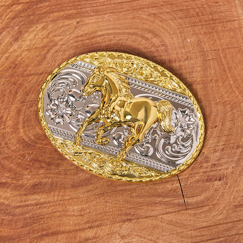 Men's Gold & Silver Galloping Horse Oval Buckle Leather Belt - Image 2