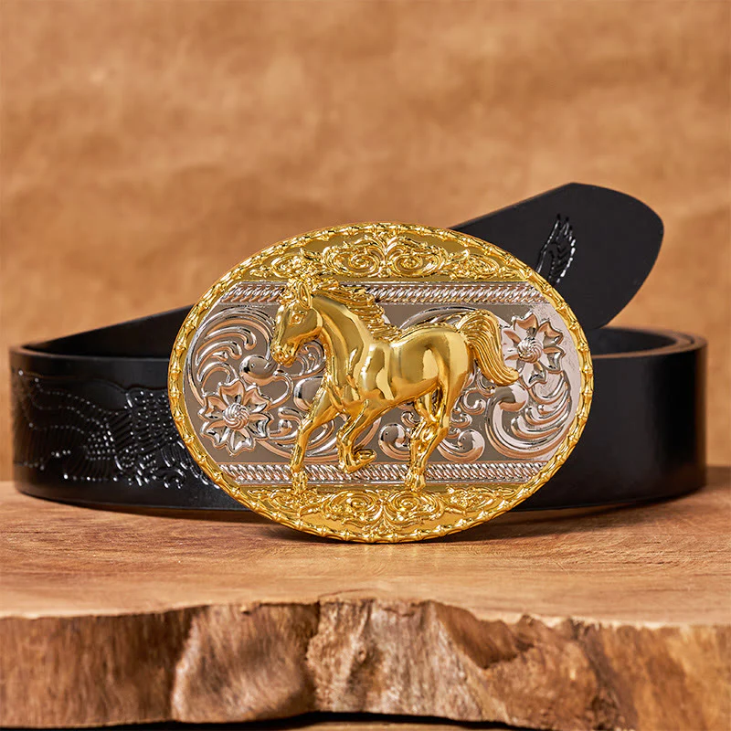 Men's Gold & Silver Galloping Horse Oval Buckle Leather Belt - Image 3