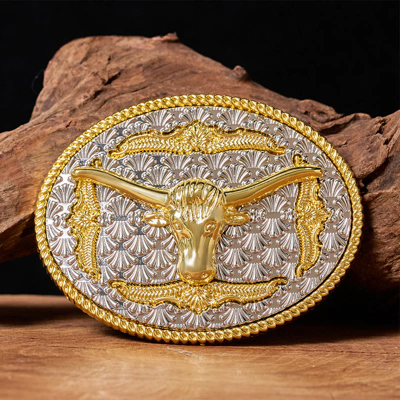 Men's Gold & Silver Longhorn Bullhead Oval Buckle Leather Belt