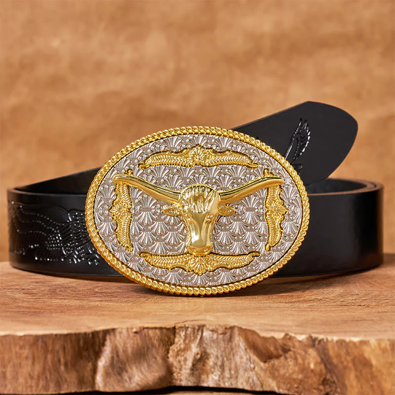 Men's Gold & Silver Longhorn Bullhead Oval Buckle Leather Belt - Image 3