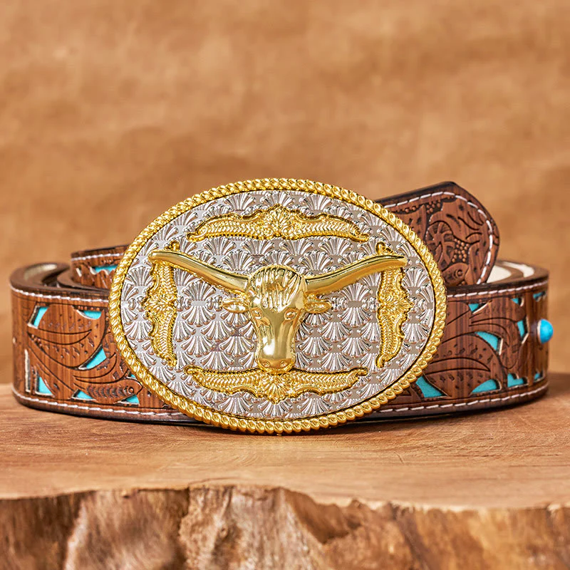Men's Gold & Silver Longhorn Bullhead Oval Buckle Leather Belt - Image 4