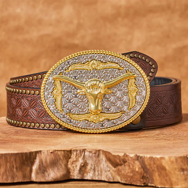 Men's Gold & Silver Longhorn Bullhead Oval Buckle Leather Belt - Image 5