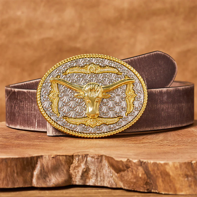 Men's Gold & Silver Longhorn Bullhead Oval Buckle Leather Belt - Image 6