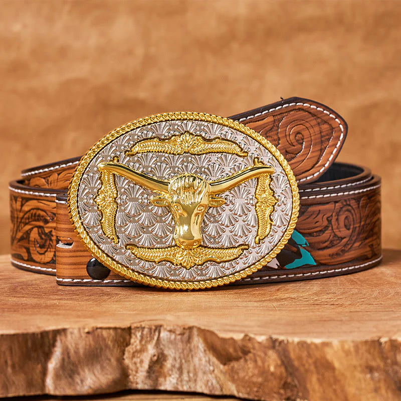 Men's Gold & Silver Longhorn Bullhead Oval Buckle Leather Belt - Image 8