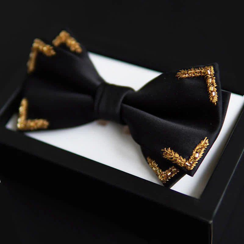 Men's Gold Wheat Embellishment Black Bow Tie - Image 2