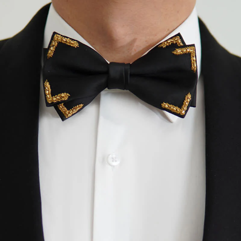 Men's Gold Wheat Embellishment Black Bow Tie - Image 3