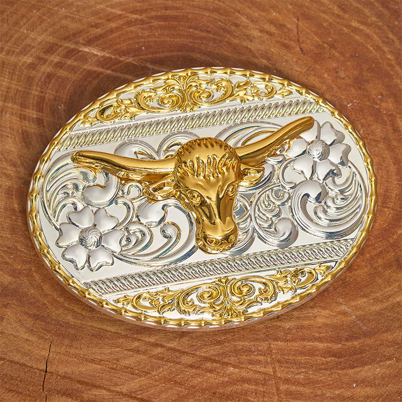 Men's Golden Bull Head Exquisite Carving Elliptical Buckle Leather Belt - Image 2