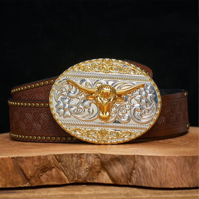 Men's Golden Bull Head Exquisite Carving Elliptical Buckle Leather Belt - Image 5