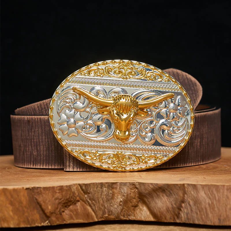 Men's Golden Bull Head Exquisite Carving Elliptical Buckle Leather Belt - Image 6