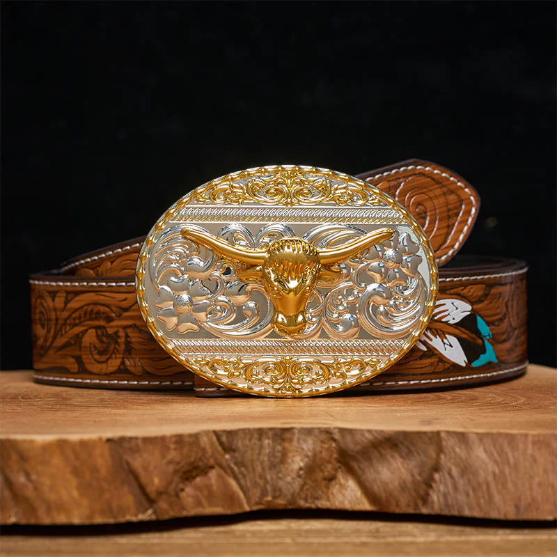 Men's Golden Bull Head Exquisite Carving Elliptical Buckle Leather Belt - Image 8