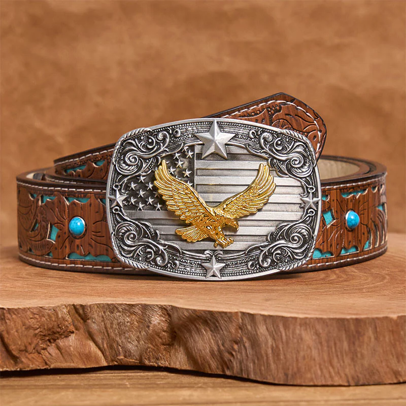 Men's Golden Eagle American Flag Stars Buckle Leather Belt - Image 4