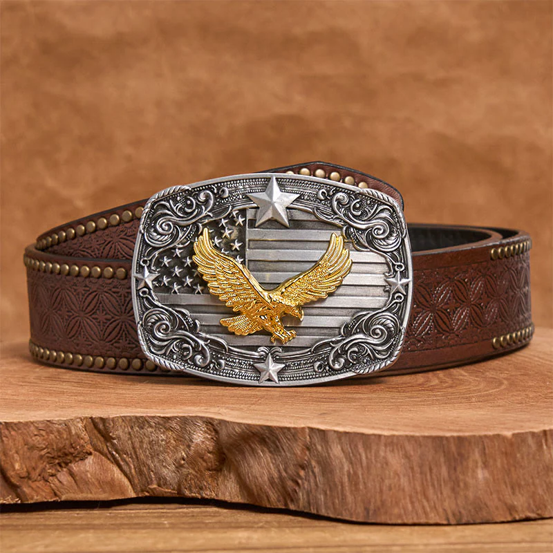 Men's Golden Eagle American Flag Stars Buckle Leather Belt - Image 5