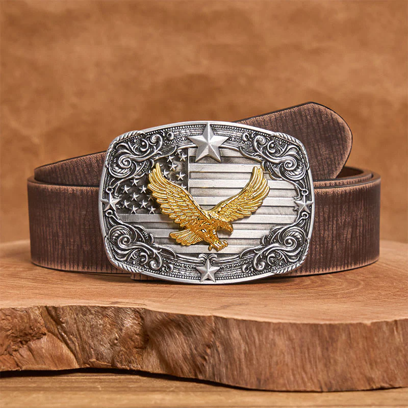 Men's Golden Eagle American Flag Stars Buckle Leather Belt - Image 6