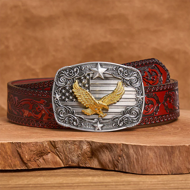 Men's Golden Eagle American Flag Stars Buckle Leather Belt - Image 7