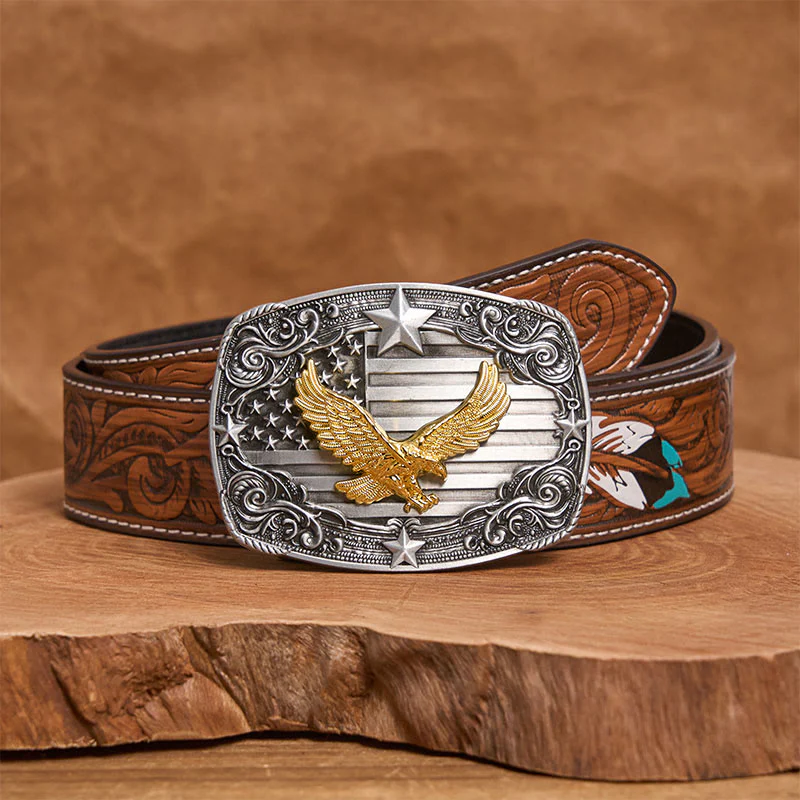 Men's Golden Eagle American Flag Stars Buckle Leather Belt - Image 8